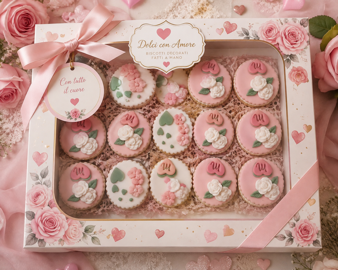 Biscotti decorati personalizzati per Eventi a tema rose e cuori