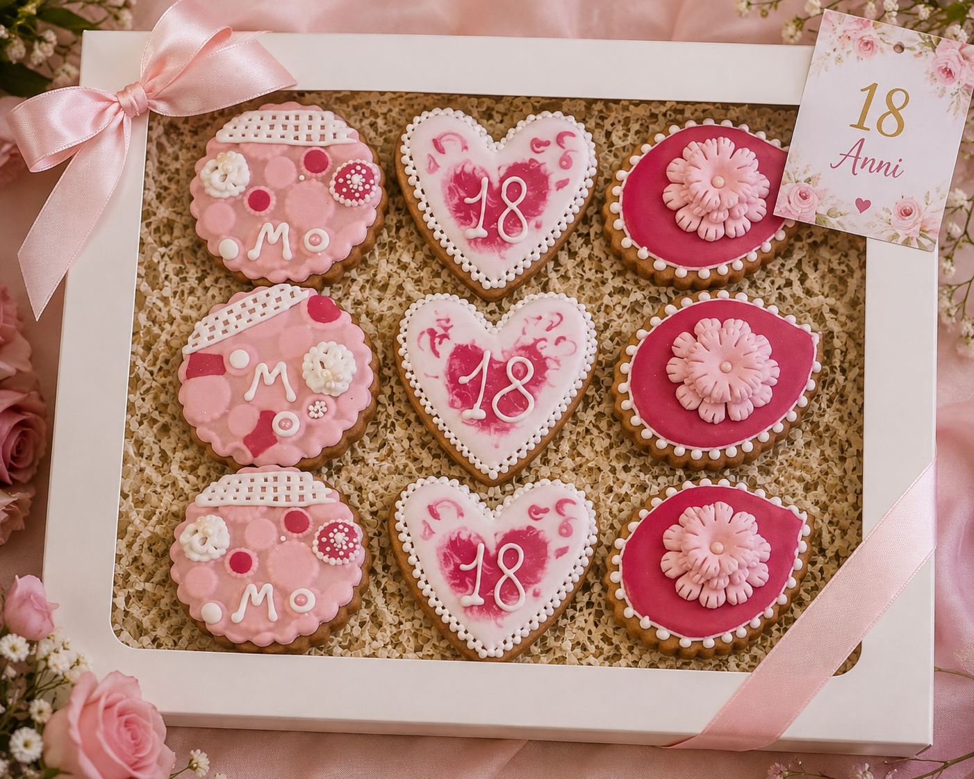 Biscotti per 18° compleanno a tema floreale realizzati da Lucia Garro