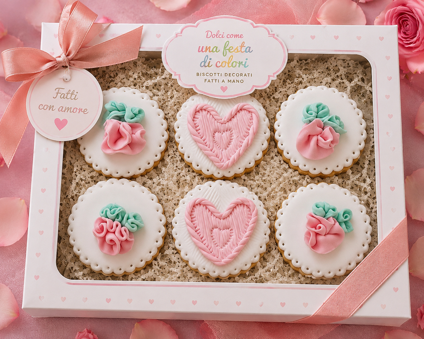 Biscotti per eventi con Cuore e Rose realizzati da Lucia Garro