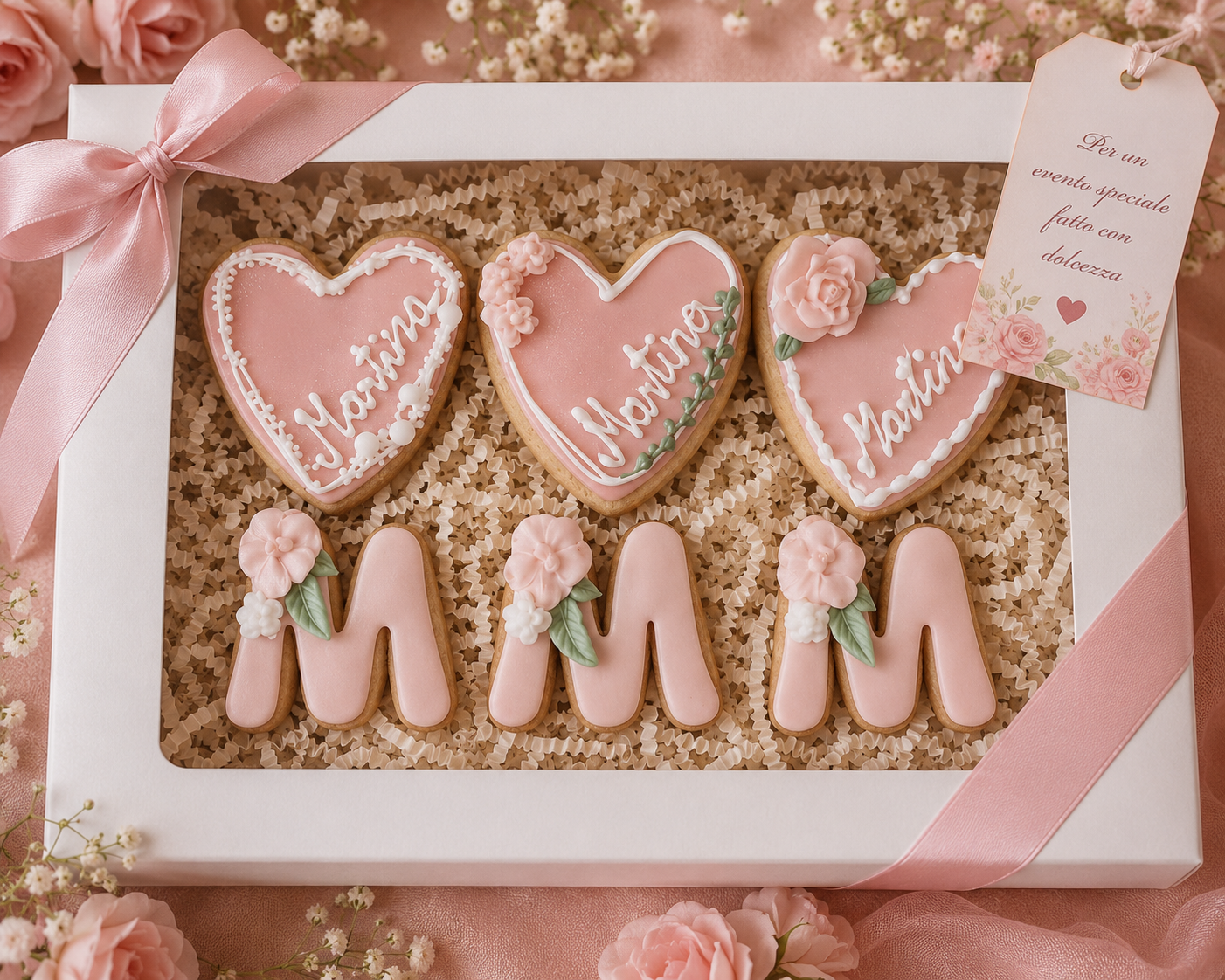 Biscotti personalizzati Cuore e Rose Rosa realizzati da Lucia Garro
