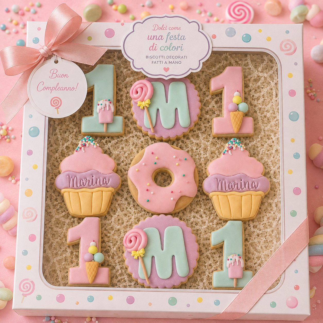 Biscotti primo compleanno a tema Caramelle realizzati da Lucia Garro