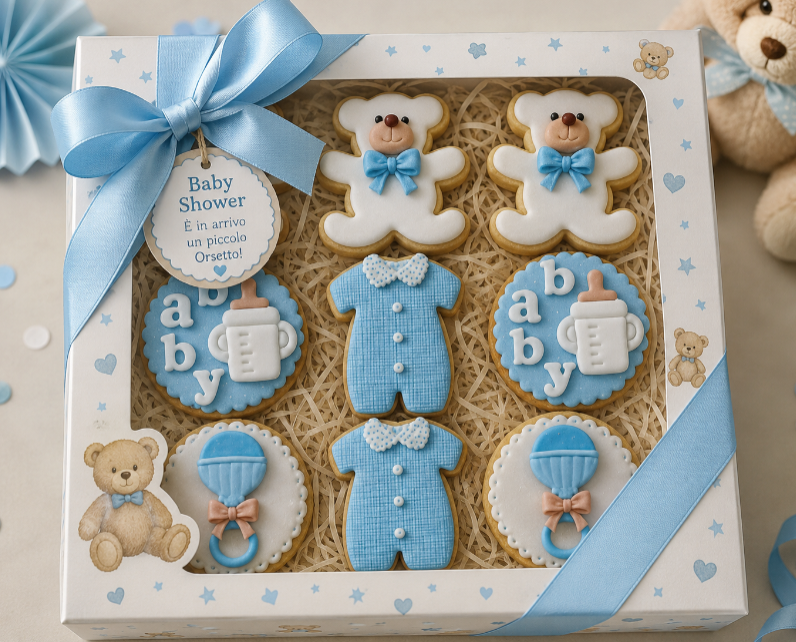 Biscotti Baby Shower con orsetti azzurri realizzati da Lucia Garro