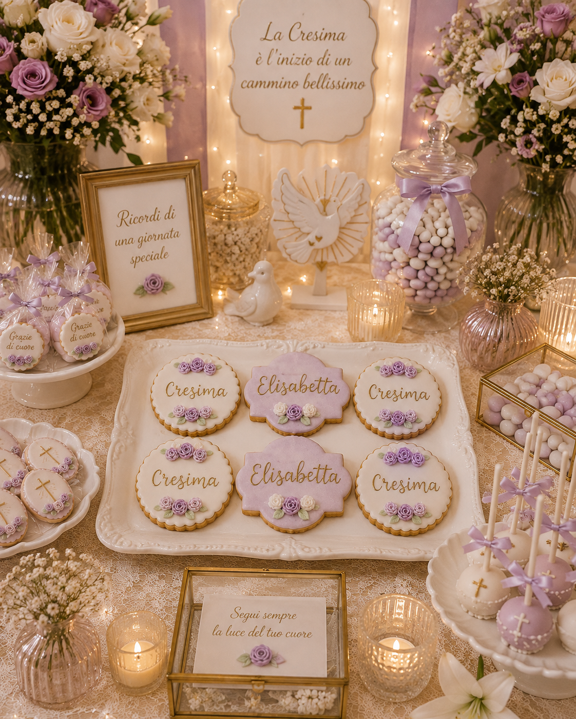 Sweet Table Cresima con fiori realizzato da Lucia Garro