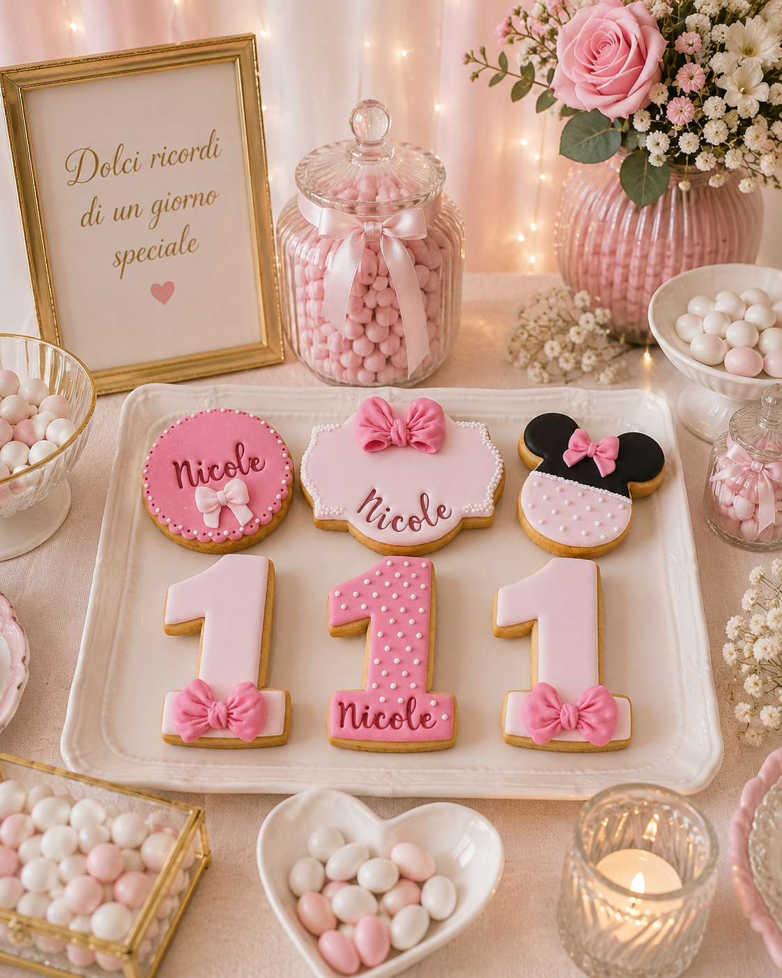 Sweet Table primo compleanno rosa con fiocchi realizzato da Lucia Garro